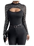 GORGLITTER Damen Festival T-Shirt Mit Glitzer Langarmshirt Cut Out Oberteil Sexy Shirt Mit Netzeinsatz Top Mesh Oberteil Schwarz M
