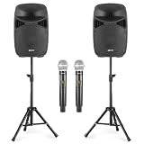 VONYX VPS152A - PA Lautsprecher Aktiv Set, Party Box Bluetooth mit Stativ, 2x Kabelloses Mikrofon, PA Anlage Komplettset, 15 Zoll, Party LEDs, USB, MP3, DJ Boxen, DJ Set Komplett, Partybox 1000 W