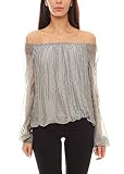 Zabaione Shirt Off-Shoulder-Bluse weich fallende Damen Seiden-Bluse mit Langen Ärmeln Freizeit-Shirt Sternenprint-Bluse Grau, Größe:S