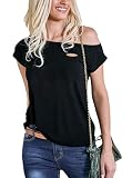 Remidoo Schulterfreies Damen-Top, kurzärmelig, lässiger Bluse, Schwarz geschnitten, Groß