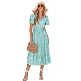HEYPORK Damen Frühling Sommer Rock Bequem Lässig Kleider Mode Elegant Röcke Frauen V-Ausschnitt Ruffle Ärmel Bedrucktes Kleid(C Hellgrün, S)