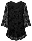 Bebonnie Damen Rüschen 3/4 Ärmel V-Ausschnitt Doppellagige Netz-Blusen Loose Fit Flowy Tunika Tops, black floral, X-Larg