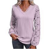Langarmshirt Damen Trendige Plissee Oberteile Ausgehöhlter Blumenstickerei Pullover Bluse mit Knopfleiste Tops V-Ausschnitt Langen Ärmeln Pulli Shirt Regular Fit Blusentops Elegant Partyw