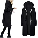 Sweatjacke Damen Lang Hoodie Jacke Casual Lose Sweatshirt mit Kapuze Winterjacke Cardigan Warm Langarm Kapuzenjacke Einfarbig Elegant Fleecejacke Zip Kapuzenpullover Mantel mit Taschen Outw