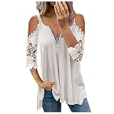 Oberteil Damen Sexy Schicke Oberteile Spitze Kurzarm V-Ausschnitt Zipfel Henley Shirt Locker Falton Top Sommer A-Linie Tunika Lang 02#