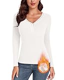 WOWENY Damen Oberteil Thermo Langarm Winter Langarmshirts Thermohemd mit Spitze V-Ausschnitt Warme Unterhemd Elegant Shirt Tshirts,Langarm-Weiß,XL