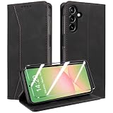 QHOHQ Handyhülle für Samsung Galaxy A56 / A36 5G Hülle mit Panzer Glas, Premium Leder Schutzhülle, [RFID Blockierung], Magnet Klappbar Flip Case Tasche, Multifunktional, Stoßfest-Schw