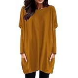 Longpullover für Damen Oversize, Rundhals Pullover Damen Elegant-Langarmshirt Damen Lang mit Taschen Mode Lässige Loose Oberteile Einfarbige Puffärmel Langtops Oversized Sw