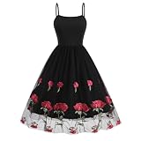Kleid Damen Mesh Rose Stickerei Vintage Cocktail Swing Spaghettiträger Besticktes Blumen Tüll Ballk