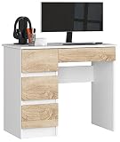 AKORD | Computertisch | Schreibtisch 4 Schubladen | Komfort | Hohe Qualität | Solide | Für Zuhause | Für das Büro | Ergonomie | Für die Arbeit | B90 x H77 x T50 cm | Weiß & Sonoma-Eiche F