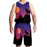 Basketballtrikot mit Shorts Custom Basketball Jersey Herren Leichte Rec Tanks, Wolf Night Full Moon, Design 970, Einheitsgröß