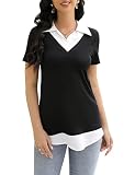 KOJOOIN Damen Bluse Oberteil mit Hemdkragen Kurzarm Farbblock Hemdbluse mit V-Ausschnitt Hemd Schwarz 2 L