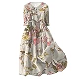 Damen Casual Art Floral Print Button Midi Langarm Lose Kleid Kleid Party Damen (A4-Brown, XL)