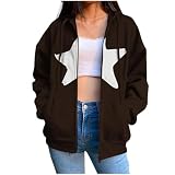 Damen-Kapuzenpullover mit Reißverschluss, Übergröße, langärmelig, Stern-Grafikdruck, Reißverschlussjacke mit Taschen, normale Kapuzen-Sweatshirts, Oberbekleidung, Mantel, Tops, 01 # Kaffee, S