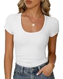 RIROW Damen Sommer T-Shirt Basic U-Ausschnitt Kurzarm Rippstoff Figurbetont Slim Fit Atmungsaktiv Elegant Y2K Oberteile Weiß, M