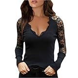 Damen Langarmshirts V-Ausschnitt Passt Komfortable Elegant Diamant Glitzer Druck Spitzen-Mesh-Nähte Sexy Modische Lässig T-Shirt Tops Frühling Langarm S-XL