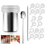 Kakaostreuer Edelstahl 304 Puderzuckerstreuer Mehlstreuer mit Deckel Pulverstreuer Schokoladenstreuer mit 16 Pcs Kaffee Cappuccino Schablonen, Coffee Art Pull Pin, Rührlöffel Edelstahl (1)