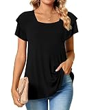 TAOHUADAO Lässige Damen-Blusen, quadratischer Ausschnitt, doppelte Rüschen, kurzärmelig, T-Shirts für Damen, Größe M-XXL, 16 schwarz, XXL