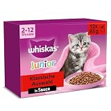 Whiskas Junior Katzennassfutter Klassische Auswahl in Sauce, 48 Portionsbeutel, 12x85g (4er Pack) – Hochwertiges Katzenfutter nass, für heranwachsende Katzen von 2 bis 12 M