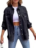 Cjydfd Damen-Jeansjacke mit Zerrissen, übergroße Ärmel, Knopfleiste, ausgefranster Saum, Used-Look, Boyfriend-Jeansmantel mit Taschen, A-schwarz, XL