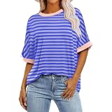 Shirts Damen Freizeit Casual Pullover Lockere Lassig Tops Leichte Kurzarm Farbblock Patchwork Oberteile Rundhalsausschnitt Lose Bluse Gestreift Elegant T