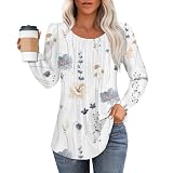 Vasreyy Deals of The Daysportshirt Damenvintage Langarm Blumendruck Rundhals Puff Ärmel Plissee Oberteile Top Elegent Tunika Longshirt Musselin Bluse Damen Funktionsshirt Damen (White, L)