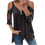 Masrin Schulterfreies T-Shirt für Damen Lässige, ausgehöhlte Spitze Oberteile mit halben Ärmeln Sommer Reißverschluss V-Ausschnitt Loser Pullover Einfarbige Tunika-B