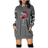 Generisch Weihnachtskleid Damen Weinglas und Weihnachtsmütze Drucken Kleid Elegant Lustig Hoodie Freizeitkleid Lang Pullover mit Kapuze Langarmshirt Rundhals Taschen Kleider Lockere Top