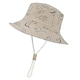 Durio Baby Sonnenhut Kinder Sonnenmütze Junge Mädchen Atmungsaktiv Sommerhut Kinder UV-Schutz mit Bindebändern Khaki mit Dinosaurier 4-8 Jahre(Tag Size XL)