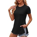 TRIGLICOLEUM Oberteile Damen Rundhals Kurzarm Tshirt Lässige Bluse mit Schlitz Einfarbig Sommer Shirt Locker Pullover Tee Tops Bequem Longshirt Casual Tunika Basic T-Shirt Longbluse Blusen Sp