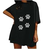 Masrin Tshirt Damen Vintage Tees mit überschnittenen Schultern Summertops mit Hundepfoten Motiv Pailletten Oberteile Übergroßer lockerer Pullover Tunika Bluse mit Rundhal und kurzen Ärmeln Streetw