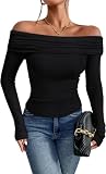 TrendiMax Damen Langarmshirt Elegant Stretch Pullover Slim Fit Off Shoulder Oberteil Langarm Tshirts Schulterfrei Sexy Enge Tops Y2K Crop Top Einfarbig (M, Schwarz)