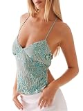 Damen-Tanktop mit Pailletten, Perlen, glitzernd, Neckholder, bauchfreies Tank-Top, Strassverzierung, Kreuzbindung, rückenfrei, Sommerweste, Camisole, A-grün, S