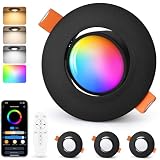 GeyouLux LED Einbaustrahler 230V RGB, Smart 68-80mm 5W IP44 Ultra Flach, Smart LED Spots 2700K-6000K Dimmbar mit APP, 45° Schwenkbar Deckenspots Schwarz mit IR Fernbedienung für Badezimmer, 4 Stück