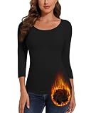 SERSARY Thermo Oberteil Damen Thermoshirt Langarm Thermo Shirt 3/4 Arm Damen Basic Langarmshirt Unterziehshirt Rundhalsausschnitt Dünner Pullover Winter Warmes Unterhemd Thermounterhemd,Schwarz,M