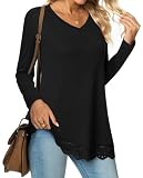 DUOEASE Langarmshirt Damen Casual T Shirt Elegant Tunika Langarm Herbst Winter Spitzensaum Oberteile(Aktives Schwarz,M)
