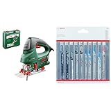 Bosch Home and Garden Stichsäge PST 900 PEL (620W, Hubzahl bei Leerlauf 500 bis 3100 U/min, in Kunststoffkoffer), 06033A0200 + Accessories 10tlg. Stichsägenblätter Set (für Holz und Metall, Zubehör)