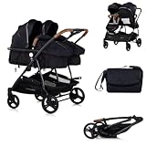 Chipolino Geschwisterkinderwagen Duo Smart klappbar umbaubar verstellbar Fußsack, Farbe:schwarz beig