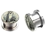 Grewod Tunnel Edelstahl, Silber Epoxidharz mit Eule Ohr Tunnel Herren Damen Flesh Tunnel Ohr Plug Ohr Expander Piercing Schmuck 16MM, 2 Stück