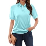Shirt Damen Modische V-Ausschnitt Einfarbig Druckmuster Dekoknöpfe Kurzarm Fashionable Alltag Polo Top Grün XXL