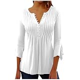 RMBLYfeiye Damen Shirt 3/4 Arm V-Ausschnitt Trompetenärmel Ausgefallene Bluse Blumen Bedruckt Plissee Dreiviertelarm Shirt a Linien Trachtenbluse Longshirt Elegante Oberteile Tunika Bluse B