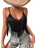 Damen Tank Top Mit Fransen – Sexy Spaghetti Cami Oberteile Elegant Boho Kleidung V Ausschnitt Konzert Outfit Rave Shirts Ärmellose Shirt Sommer Unterhemd Clothes(Black,XL,10742r)