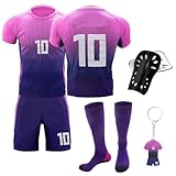 Fußballtrikot für Kinder, Nr.8/Nr.10 Kinder Fußball Trikot Set, Auswärts Fußballtrikot für Kinder mit Trikot, Shorts, Socken, Knieschoner und Schlüsselanhänger für Kinder und Jug