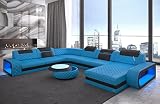 Sofa Berlin XXL U Form Wohnlandschaft mit LED Beleuchtung und Ottomane (Ottomane rechts, Blau-Schwarz)