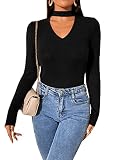 GORGLITTER Damen Langarm T-Shirt mit Choker Ausschnitt Slim Langarmshirt Pullover Einfarbig Casualshirt Herbst Tops Schwarz S