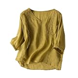 Sommerbluse für Damen, Baumwollleinen, lockere Bluse, Blumenmuster, Vintage-Stickerei, Tunika, Tops, V-Ausschnitt, Swing-Top, Übergröße, fließende T-Shirts, elegant, Party, Abend, Hochzeit, 39, M