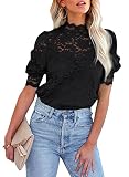 BLENCOT Damen Spitze Tops Puff Kurzarm Stehkragen Casual Blusen Hemden mit Trennbar C