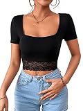 GORGLITTER Damen Bauchfrei Oberteil Crop T-Shirt U-Ausschnitt Kurz Tops Kurzarmshirt mit Spitzen Schwarz M