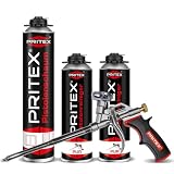 PRITEX – Bauschaum Set aus 1 x 750 ml Pistolenschaum inkl. 2 Pistolenreiniger 500 ml und Schaumpistole – Montageschaum zum Verfüllen, Dämmen & Abdichten – PU-Schaum mit hervorragender Wärmedämmung