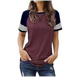 Damen-T-Shirt, Sommer, Farbblock, gestreift, bedruckt, gemütlich, locker, lässig, Patchwork, Rundhalsausschnitt, Tunika, Tops, bequeme T-Shirts für Damen zum Ausgehen, wein, 42